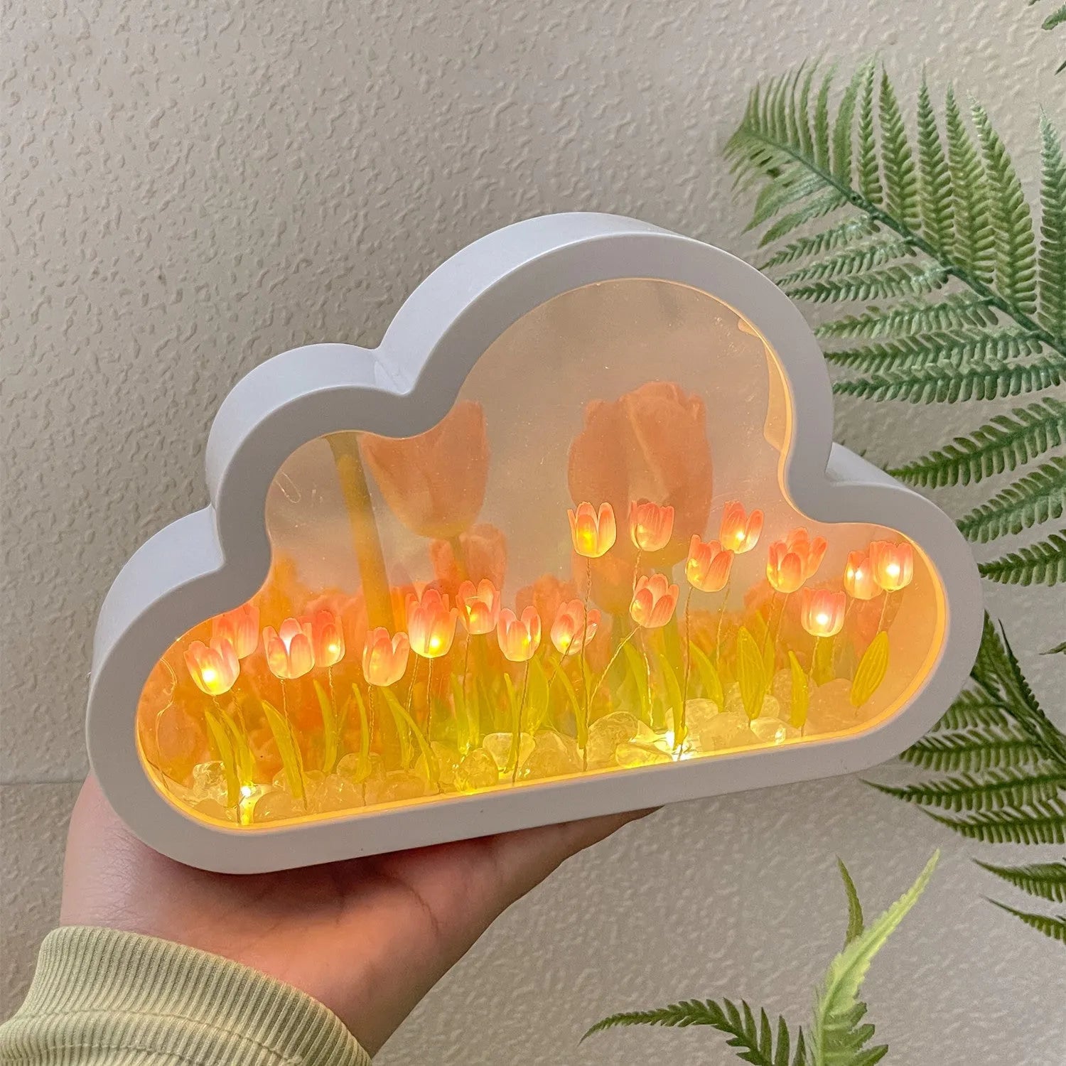 Tulip-shaped LED night lamp with decorative mirror photo frame in multiple colour options