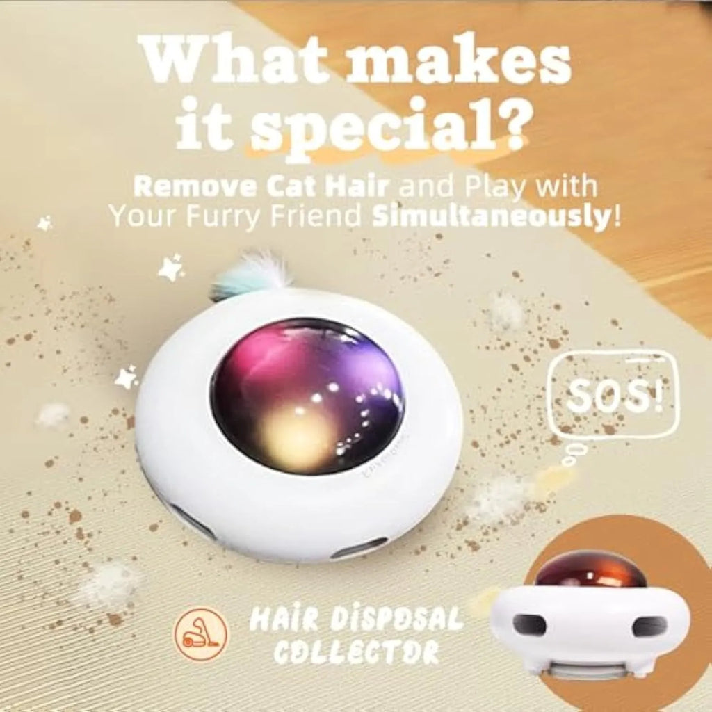 White automatic interactive cat toy with colourful feathers and LED lights on a home floor.