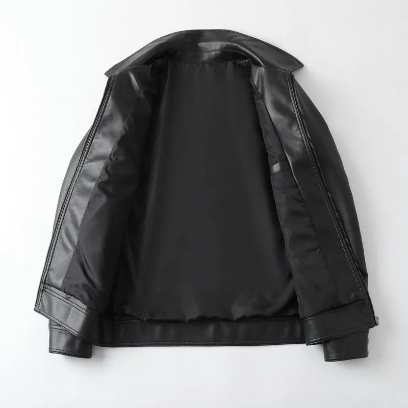 Men's black PU leather casual jacket with zipper pockets and a loose fit.