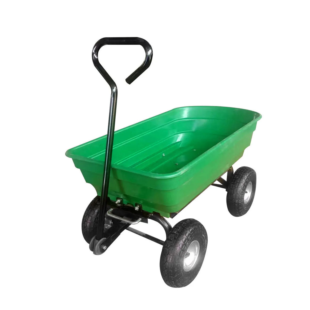 Green four-wheel plastic agricultural dumptruck with steel PP construction and 350kg load capacity