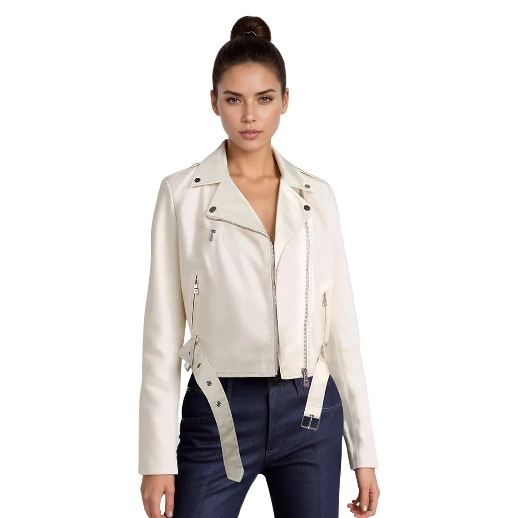 Women's short black PU leather jacket with waist belt on hanger