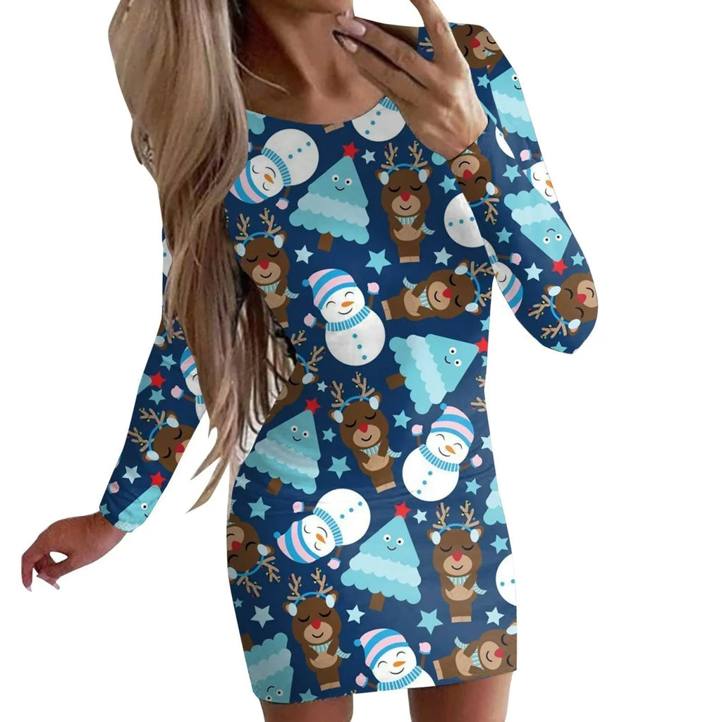Women's tight-fit long sleeve Christmas dress with animal print in a floral colour, showing round neck and hip skirt.