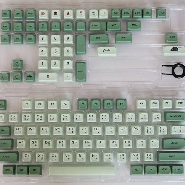 124-key Matcha green PBT keycap set for a mechanical keyboard, showing multiple language layout options.