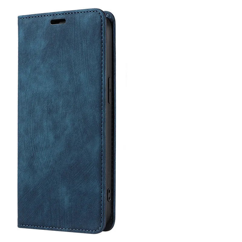 Magnetic flip phone case in grey colour made of TPU and leather for iPhone.