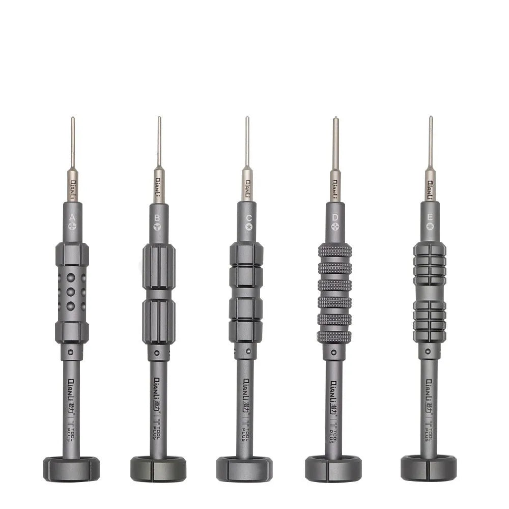 Five-in-one precision screwdriver with grenade-shaped aluminium handle for iPhone repair.