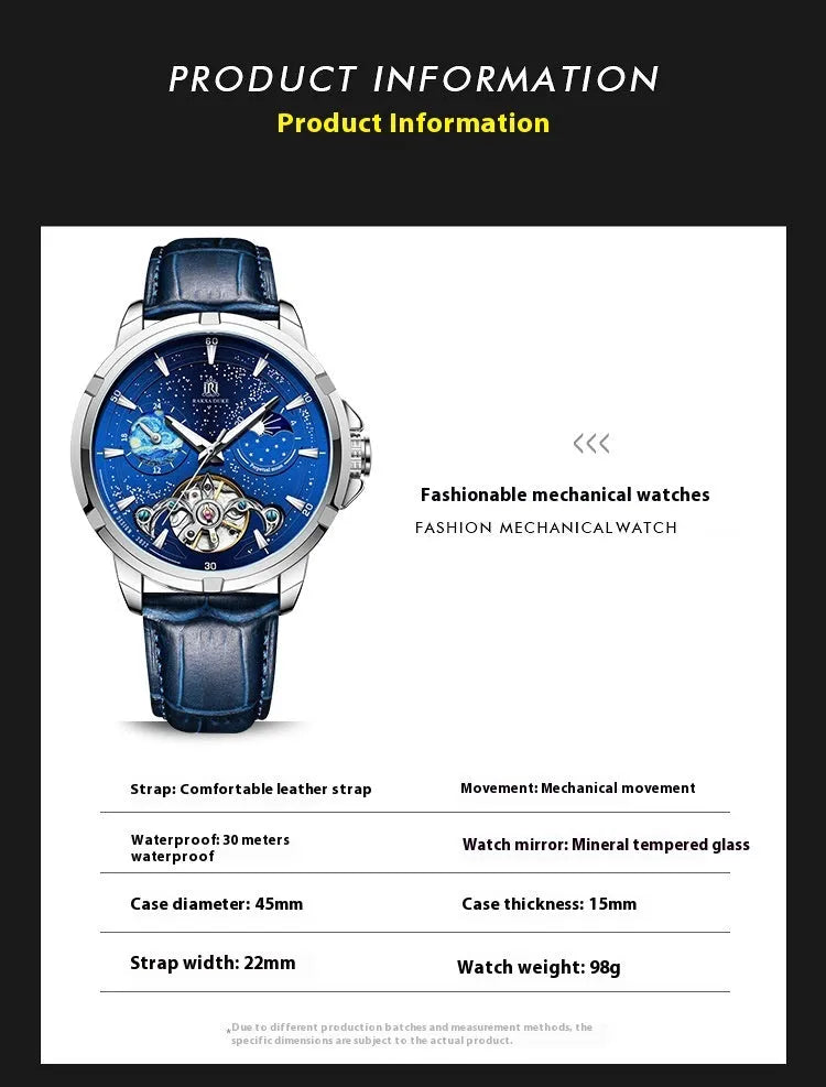 Men's blue automatic mechanical watch with leather strap on wrist, showing 42mm case.