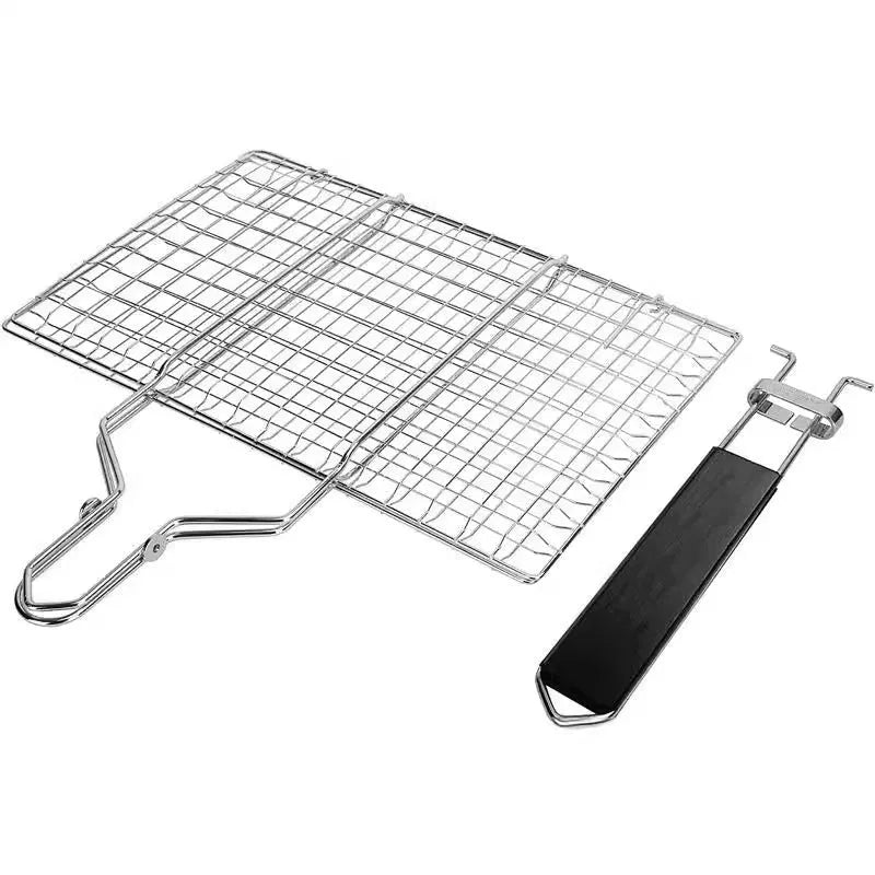 Square folding stainless steel wire mesh basket for barbecues with a cleaning brush.