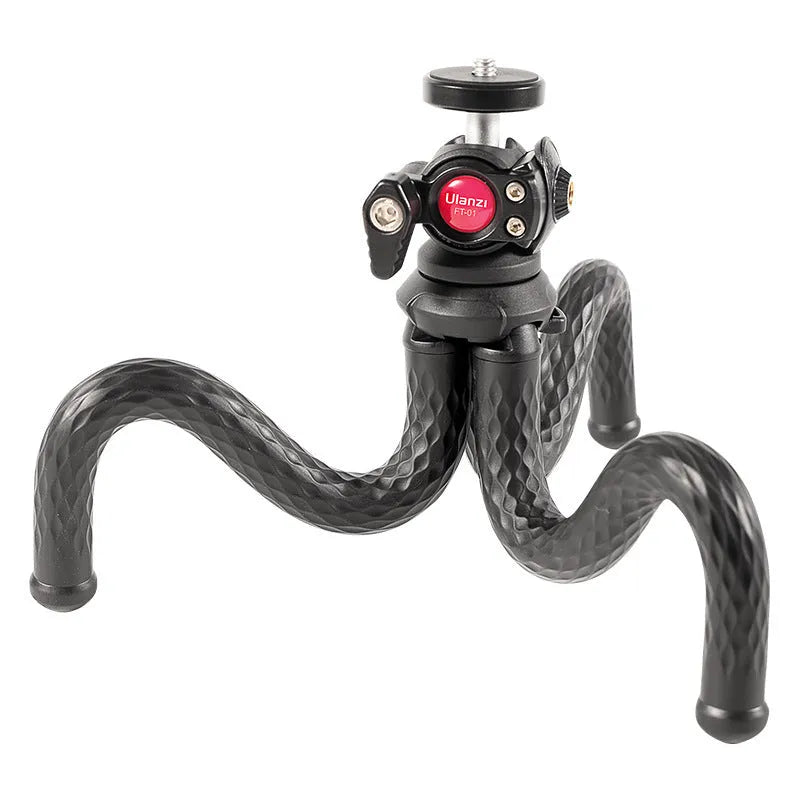 Black octopus-style flexible tripod and phone clip set on a white background.