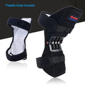 Black spring knee brace with adjustable straps, shown on a knee, for mountaineering and sports support.