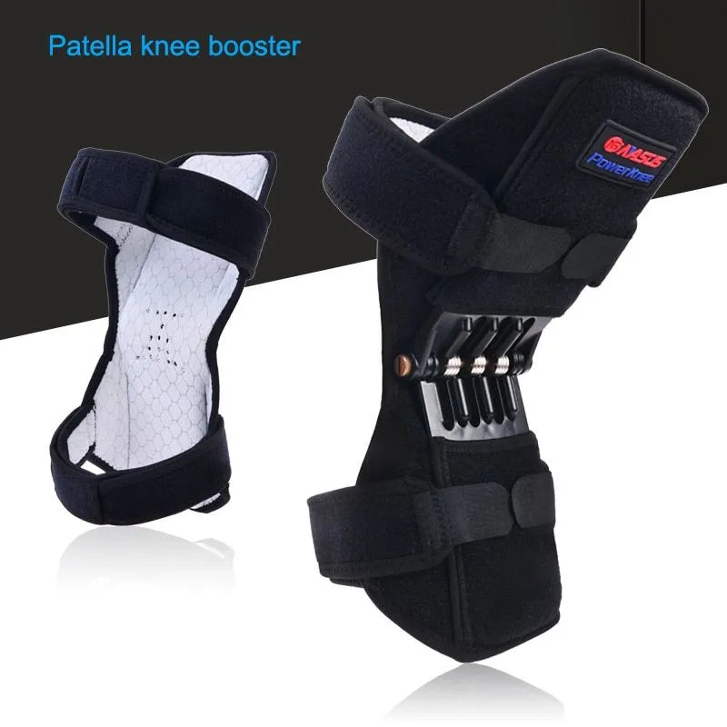 Black spring knee brace with adjustable straps, shown on a knee, for mountaineering and sports support.