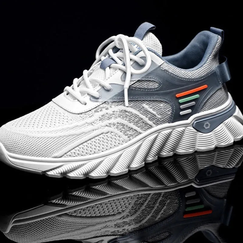 Men's platform casual sports shoes in black or white blue with mesh upper and rubber sole