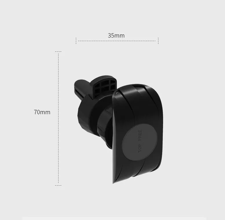 Black car phone holder mounted on vehicle air vent showing smartphone placement