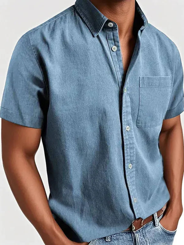 Men's solid colour short-sleeved shirt with a polo collar and a chest pocket.