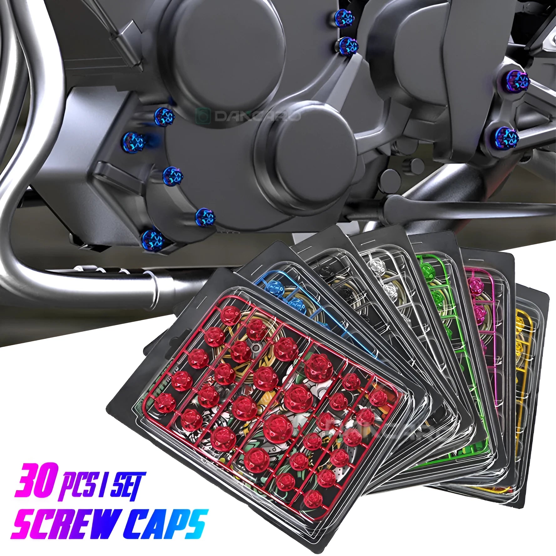 Set of 30 coloured ABS plastic screw caps for motorcycle engine hardware
