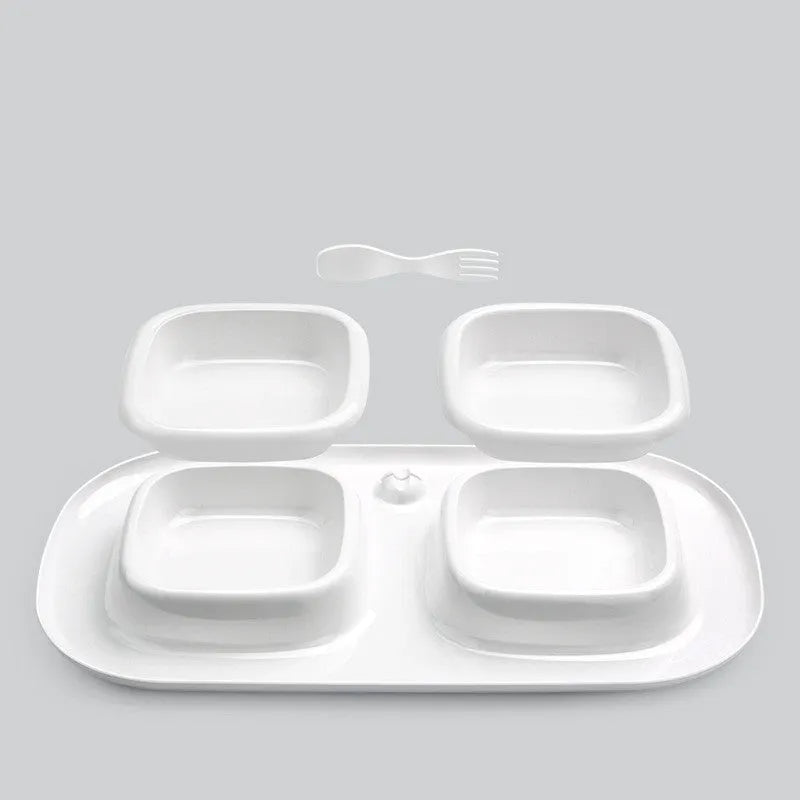 Milky white plastic double pet cat bowl by Cat Le Shi with two separate compartments