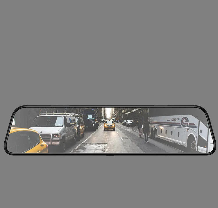12-inch black rearview mirror dash cam with integrated display showing road recording