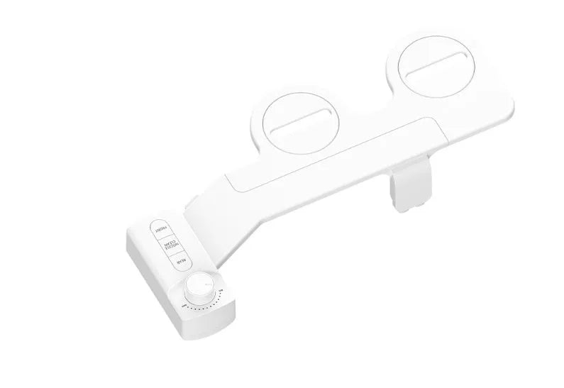 Pure white manual button-operated wash tool with detachable parts and a set of copper and brass tap adapters.