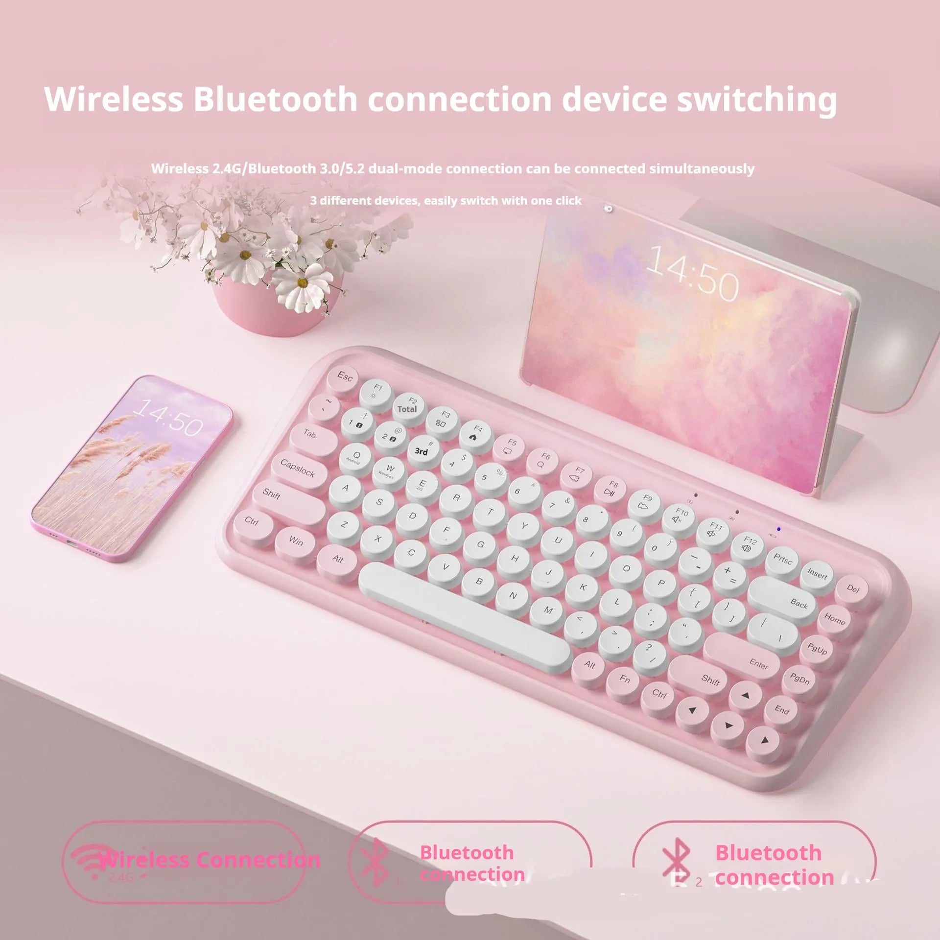 Pink Bluetooth wireless keyboard with 84 keys and crater architecture technology