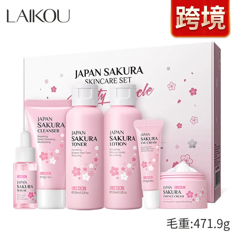 Cherry blossom skin care 6-piece set with cleanser, toner, cream, serums and eye cream