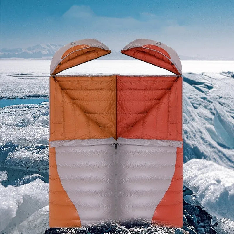 Outdoor camping envelope down sleeping bag in khaki grey with white goose down fill and nylon shell