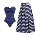 Women's vintage denim style one-piece swimsuit with matching skirt in Y258 colour