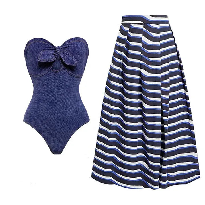 Women's vintage denim style one-piece swimsuit with matching skirt in Y258 colour