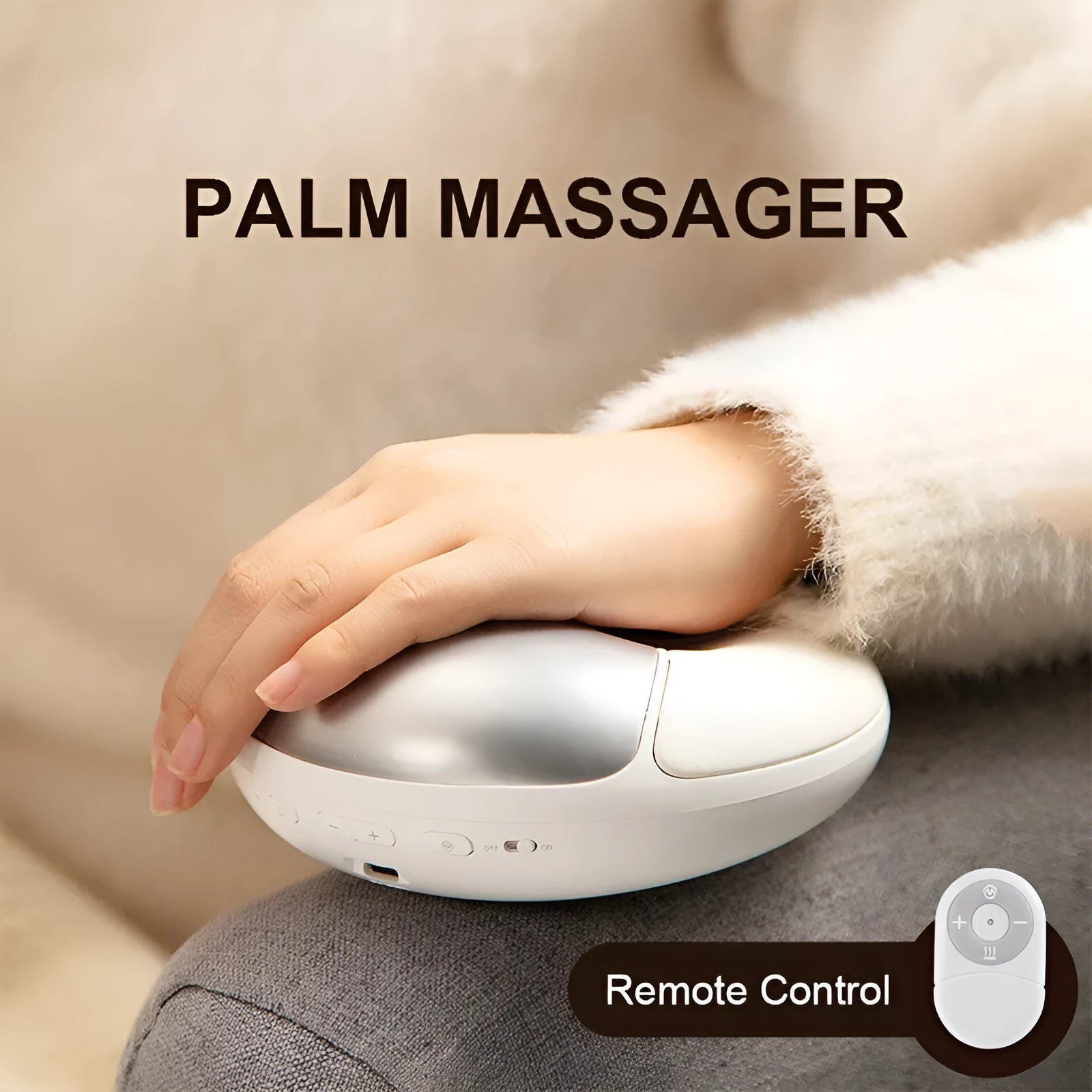 Smart electric hand massager with heat compress in pink and white on desk