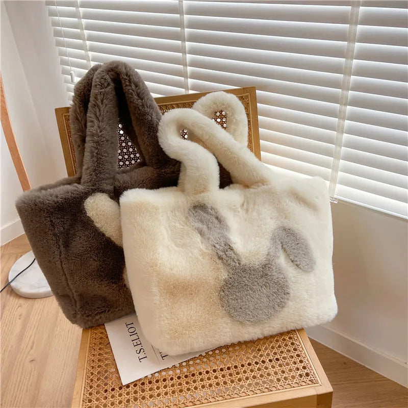 Women's plush rabbit ears tote bag with large shopping capacity in solid colour