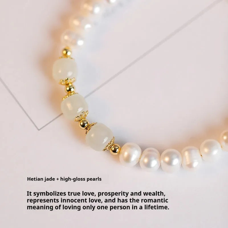 Korean style freshwater pearl bracelet in diamond shape, showing deep Hetian jade colour variant.