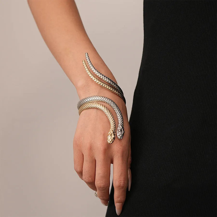 Gold electroplated metal exaggerated twisted winding snake ring and bracelet jewellery set