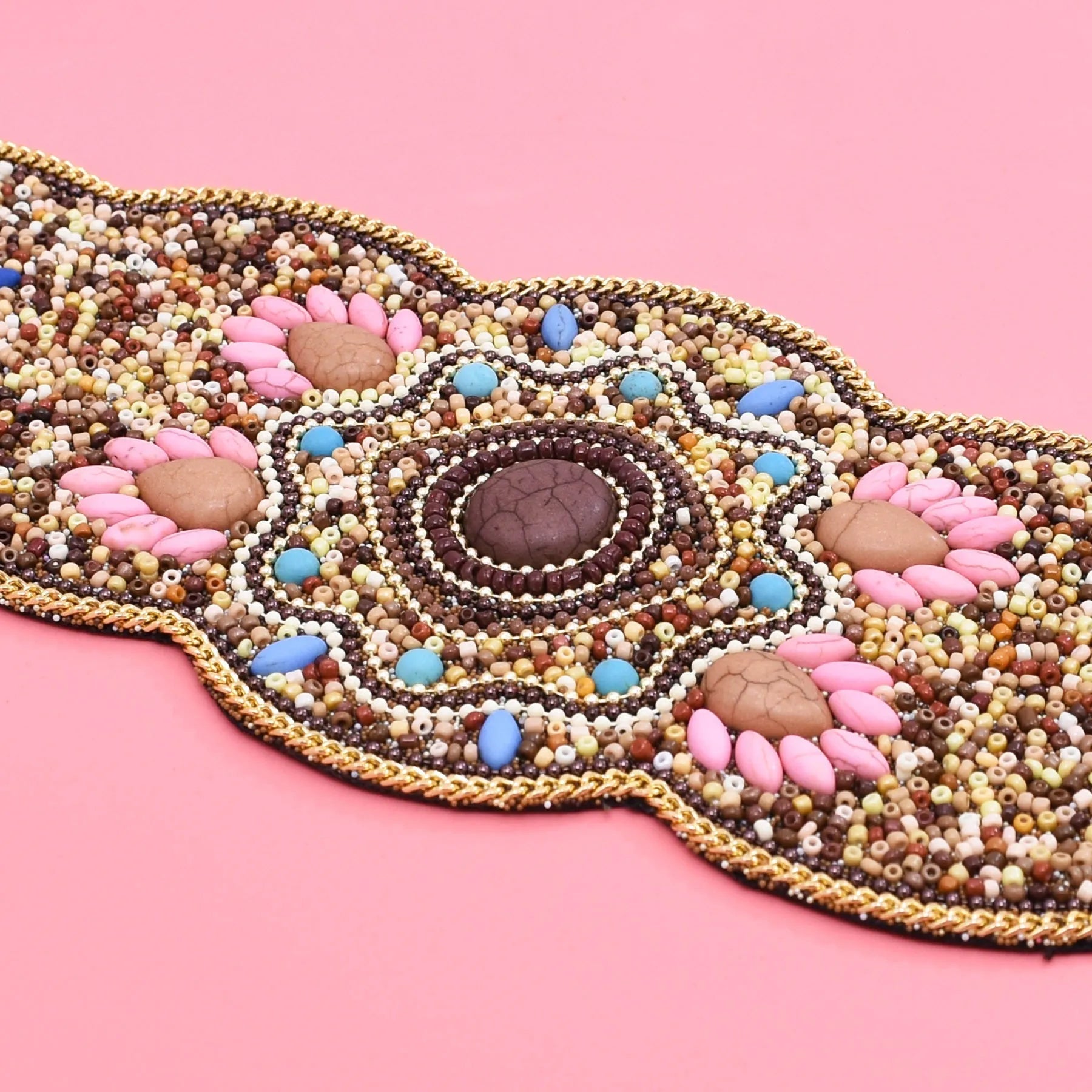 Beaded imitation turquoise elastic waistband belt on faux leather with visible stitching, unisex adult size