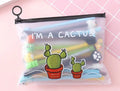 Marvel cactus cartoon design plastic pen case open to show twenty black gel pens with 0.5mm tips.