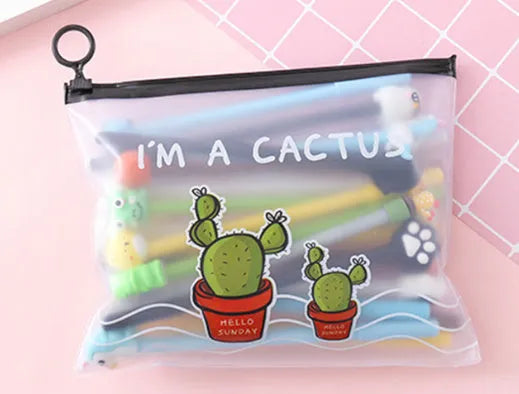Marvel cactus cartoon design plastic pen case open to show twenty black gel pens with 0.5mm tips.