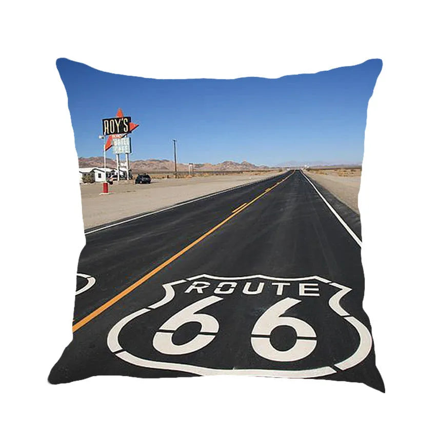 Square 45cm linen cushion cover with Route 66 landscape print in a European style.