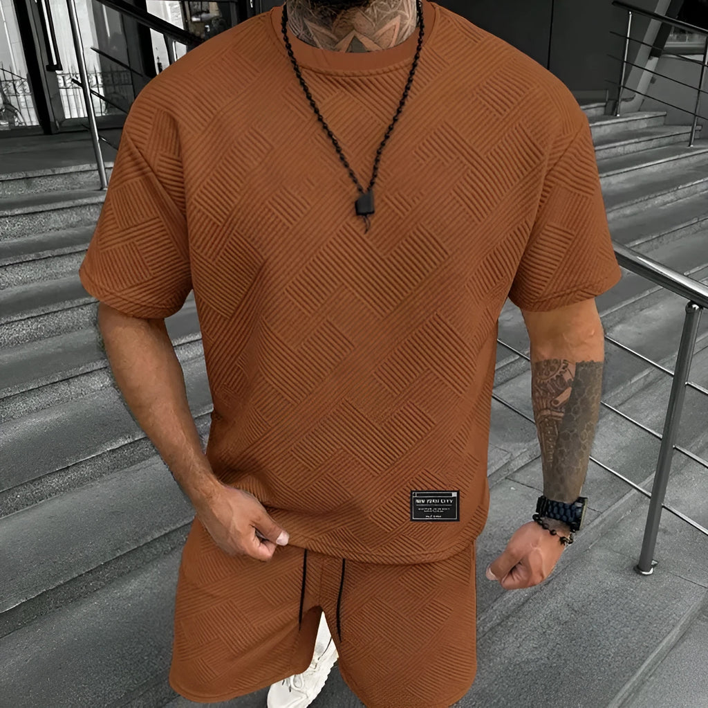 Men's short sleeve top and matching shorts with 3D digital printed pattern in a polyester blend fabric