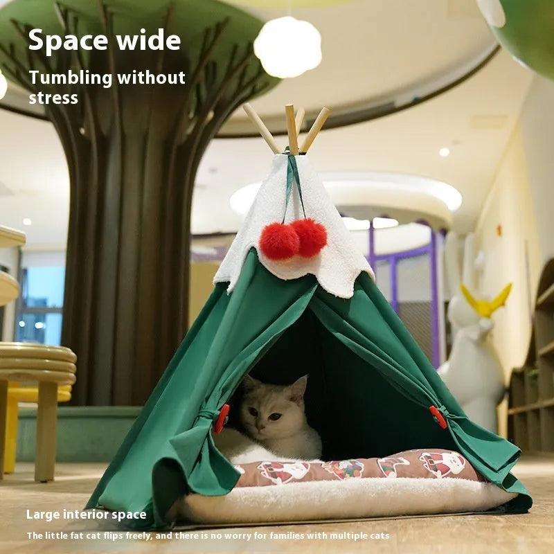 Semi-closed cat house with thickened cloth construction in brown mat colour