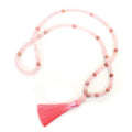 Stone bead yoga necklace and bracelet set with crystal drop pendant and long fringe tassels