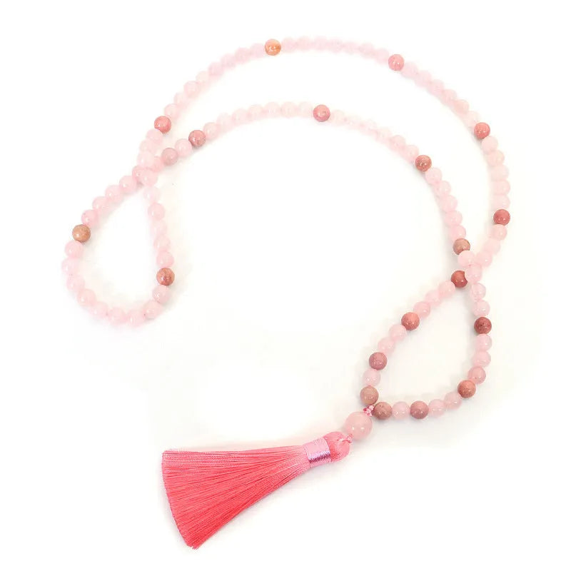 Stone bead yoga necklace and bracelet set with crystal drop pendant and long fringe tassels