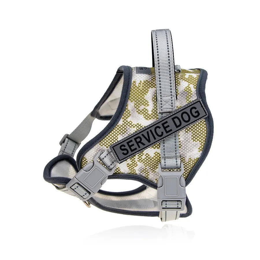Colourful reflective dog harness with anti-strangulation design in camouflage patterns