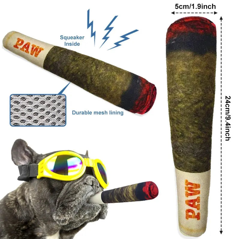 Doggy Doobie 9.5 inch green plush squeaky dog toy with doobie design, suitable for small, medium, and large dogs