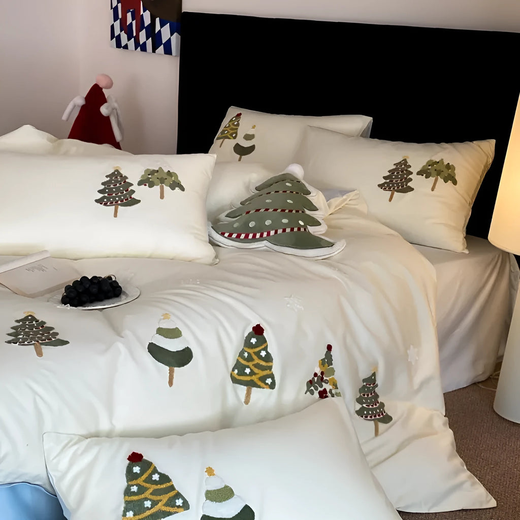 Cream Blue cotton duvet cover with embroidered Christmas tree and floral pattern, part of a four-piece bedding set.