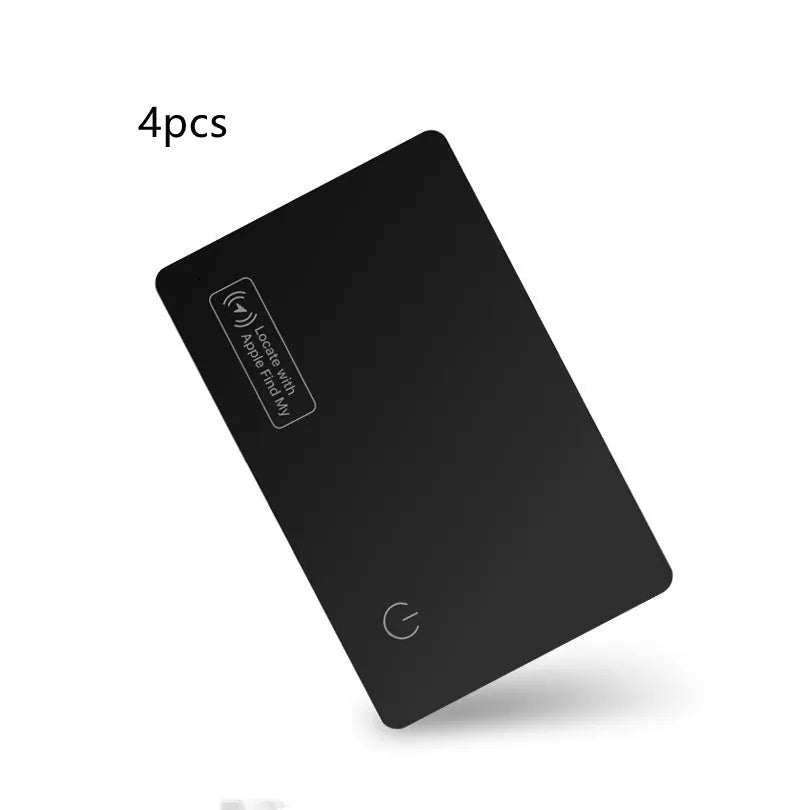 Black ultra-thin anti-loss card for Apple devices showing credit card dimensions and MFI certification