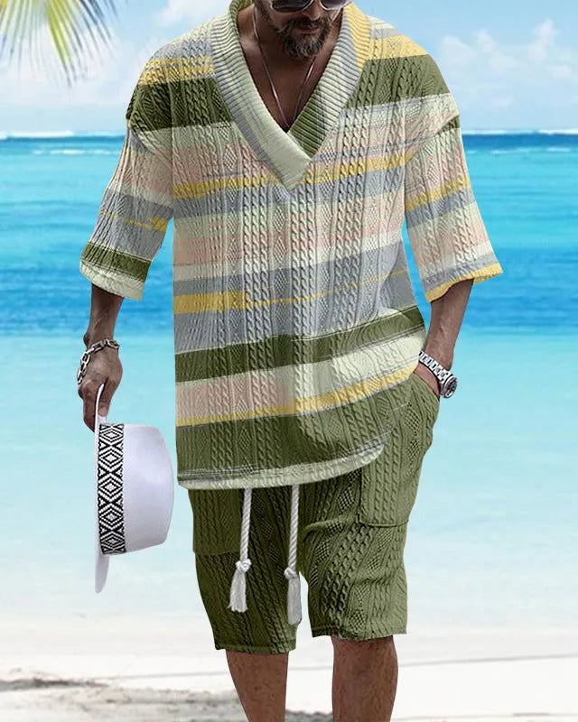 Loose casual short sleeve suit set in polyester fabric showing top and shorts in available colour options