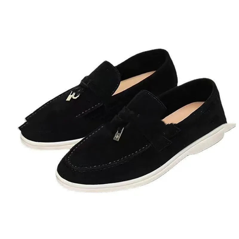 European style gommino slip-on loafers with round toe, high-top design, and decorative sewing lines