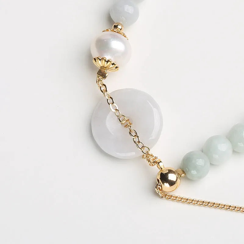 Natural emerald green jade peace buckle pearl bracelet with geometric pendant for women