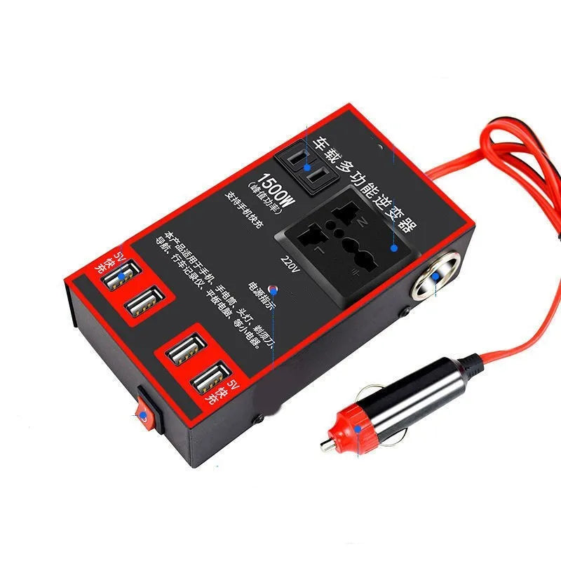 Black automotive power converter converting 12V 24V vehicle power to 220V with UK socket and USB ports