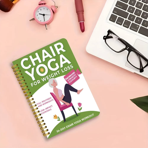 Green coil-bound 30-day yoga training notebook open to daily plan page