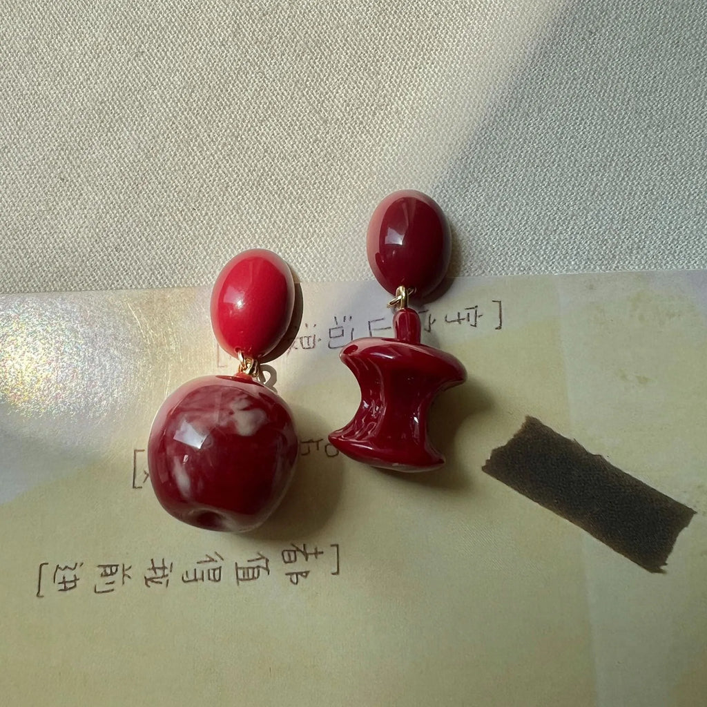 Red apple earrings for women, alloy material, round fruit shape, available as studs or clips