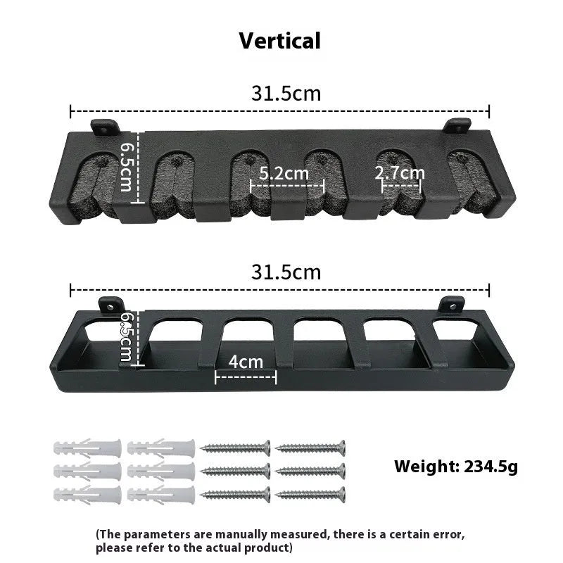 Black ABS plastic wall-mounted fishing rod holder in horizontal and upright frame styles