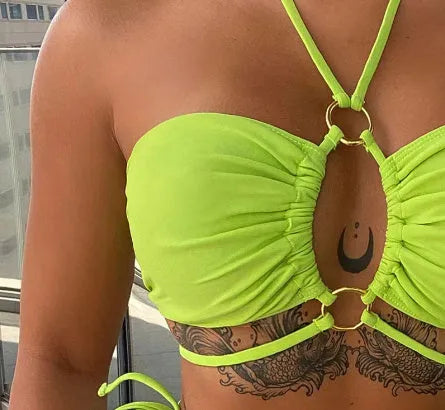 Yellow green women's triangle bikini with lace-up front detail